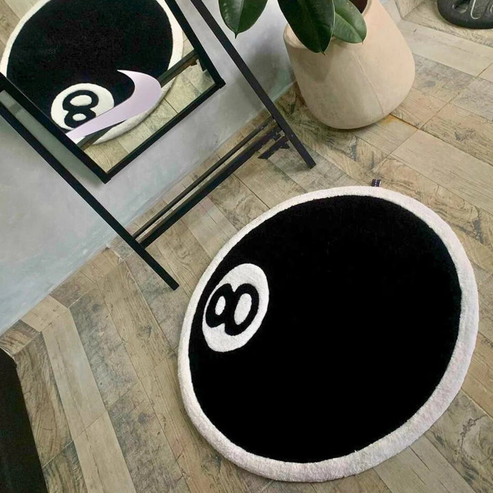 Close-up of VibeCore Magic 8 Ball Accent Rug, highlighting its soft, plush texture and iconic black and white 8 ball design. A stylish, playful addition to any space, perfect for adding personality to a bedroom or living room.