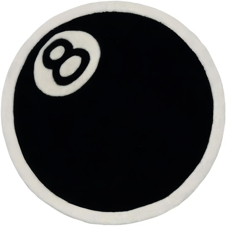 Full product view of the VibeCore Magic 8 Ball Accent Rug, showcasing its bold black and white 8 ball design in a round shape. This playful and modern rug adds a fun, retro touch to any bedroom, dorm, or living room. Ideal for those looking to enhance their space with a quirky, cool vibe.