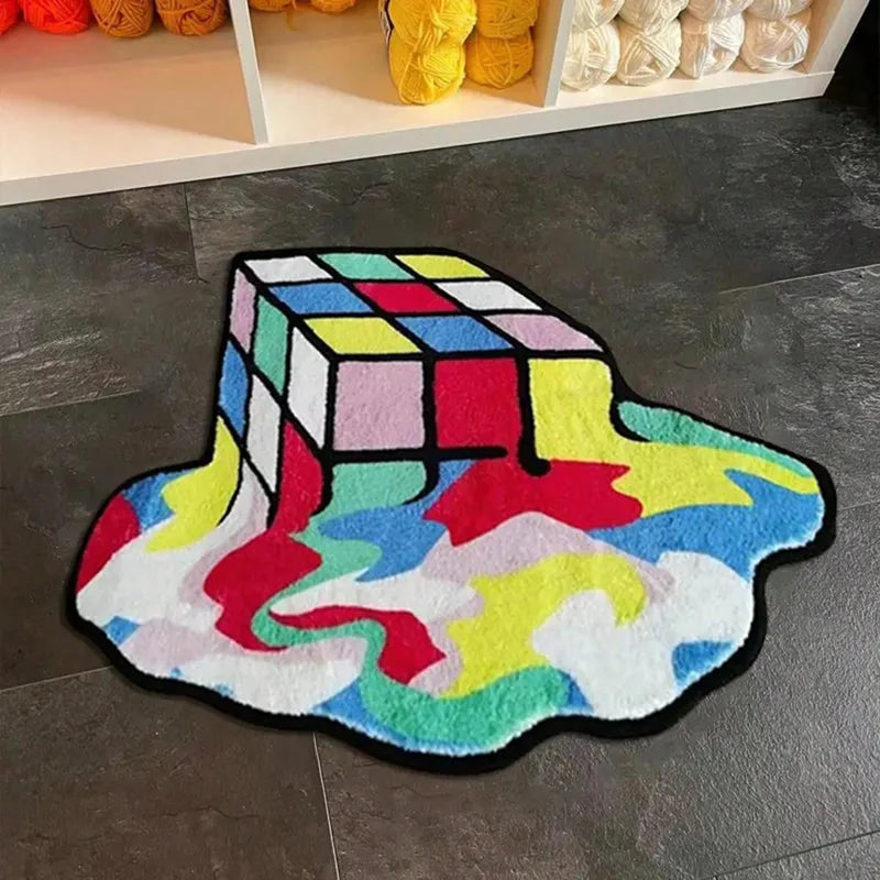 Close-up of the VibeCore Melting Rubik's Cube Accent Rug, highlighting its colorful melting details and vibrant, trippy design. A bold and playful addition to any bedroom, dorm or living room.