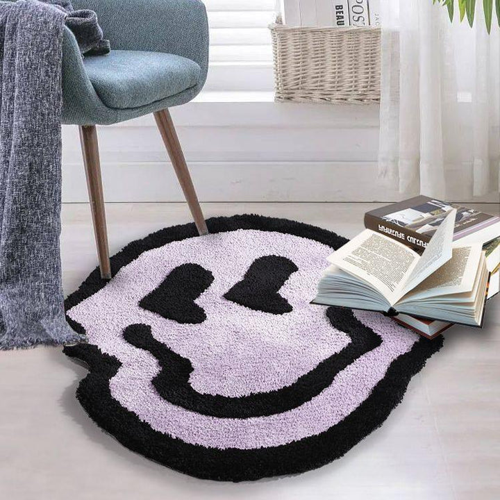 VibeCore Melting Smiley Accent Rug Purple In Living Room, showcasing its vibrant design and playful vibe as the perfect addition to your space.