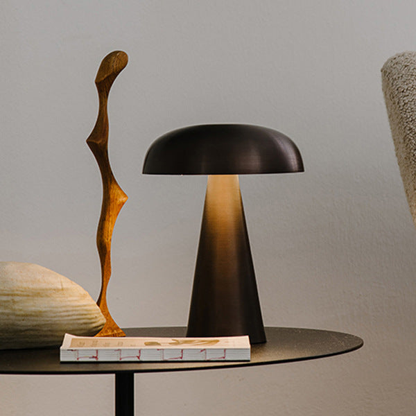 VibeCore Metal Mushroom Touch Lamp in sleek metal, featuring a modern, minimalist Bauhaus-inspired design with touch-controlled brightness settings.