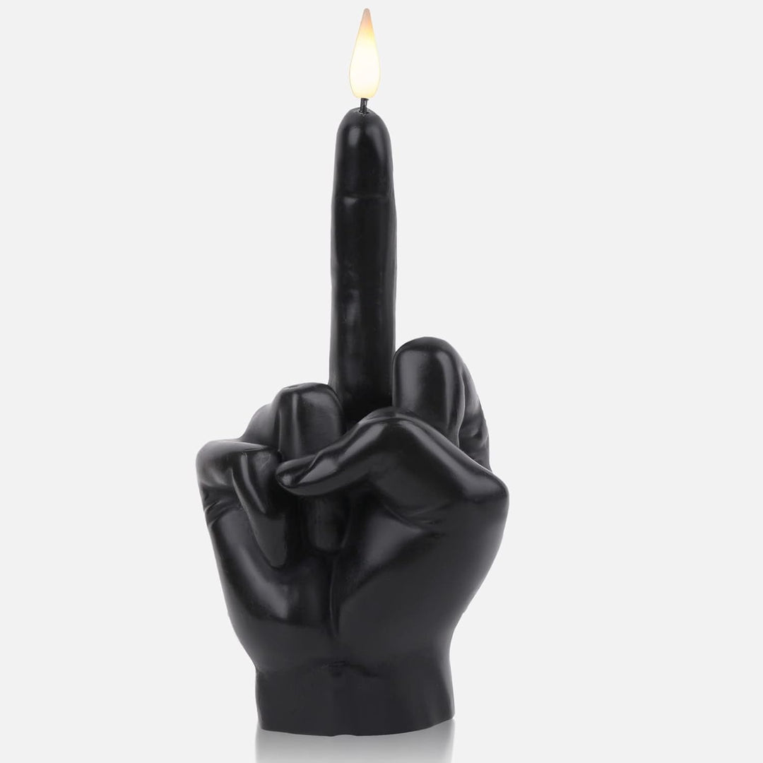 VibeCore Middle Finger Candle in black, featuring a bold, edgy design shaped like a middle finger, crafted from eco-friendly soy wax.