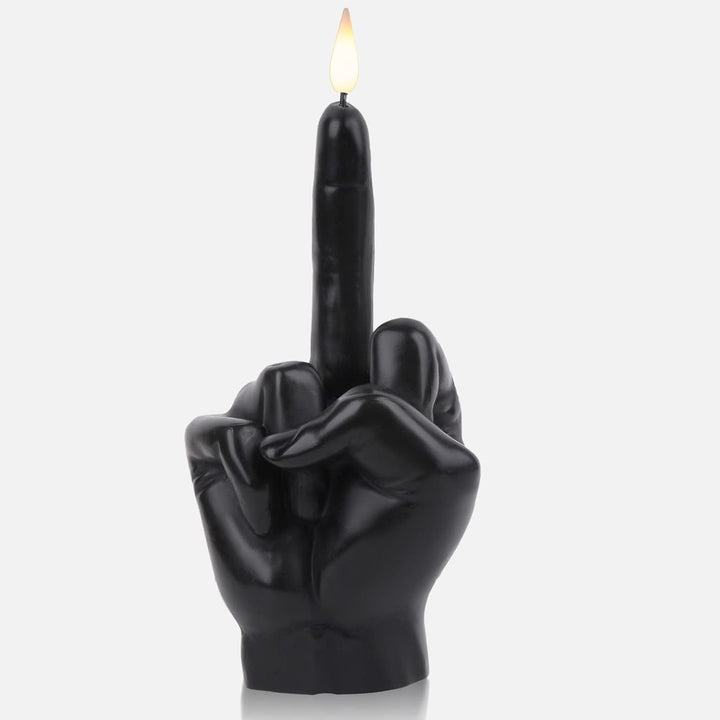 VibeCore Middle Finger Candle in black, featuring a bold, edgy design shaped like a middle finger, crafted from eco-friendly soy wax.