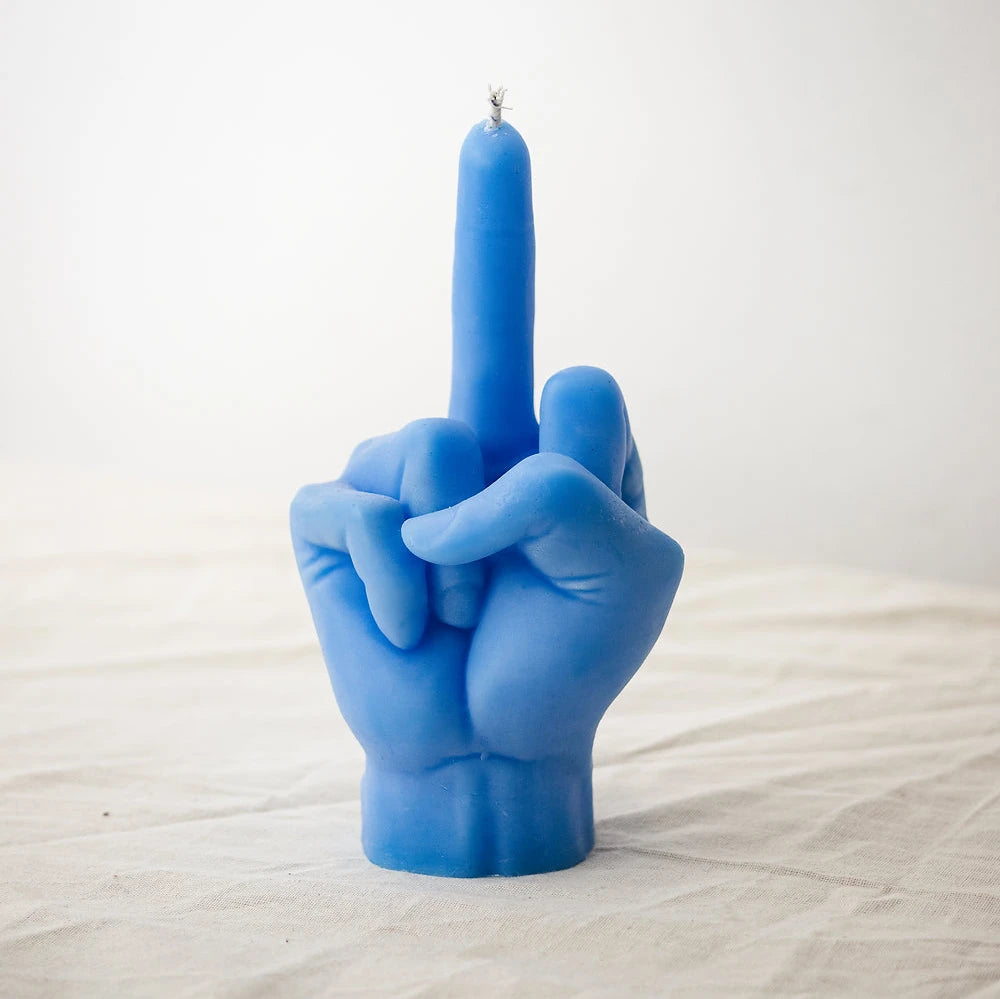 Blue eco-friendly soy wax candle shaped like a middle finger with a sleek cylindrical base.