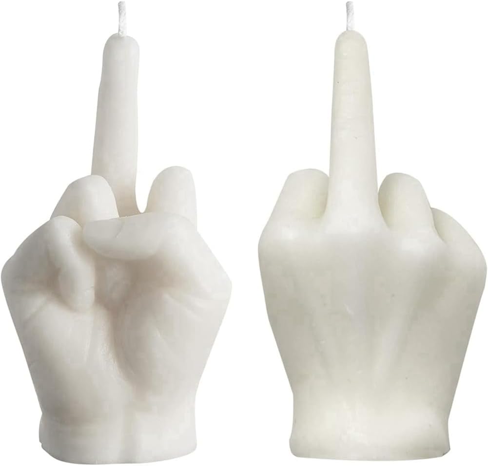 White eco-friendly soy wax middle finger candle in a sleek cylindrical shape with a minimalist design.