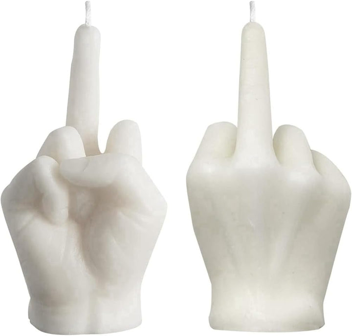 White eco-friendly soy wax middle finger candle in a sleek cylindrical shape with a minimalist design.