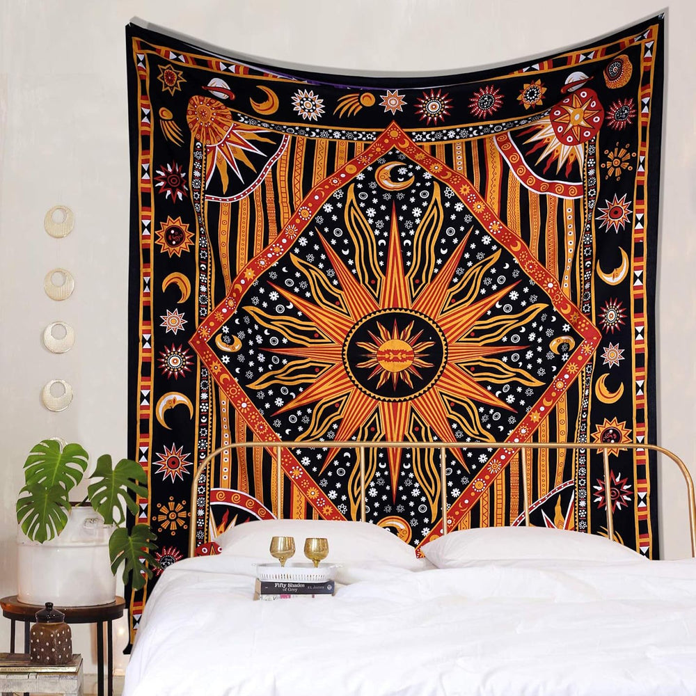 VibeCore Midnight Sun Tapestry Behind Bed