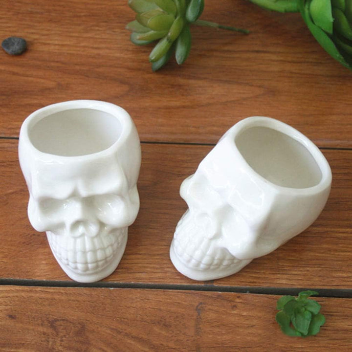Two mini skull planters with an edgy ceramic design, perfect for small plants or succulents.