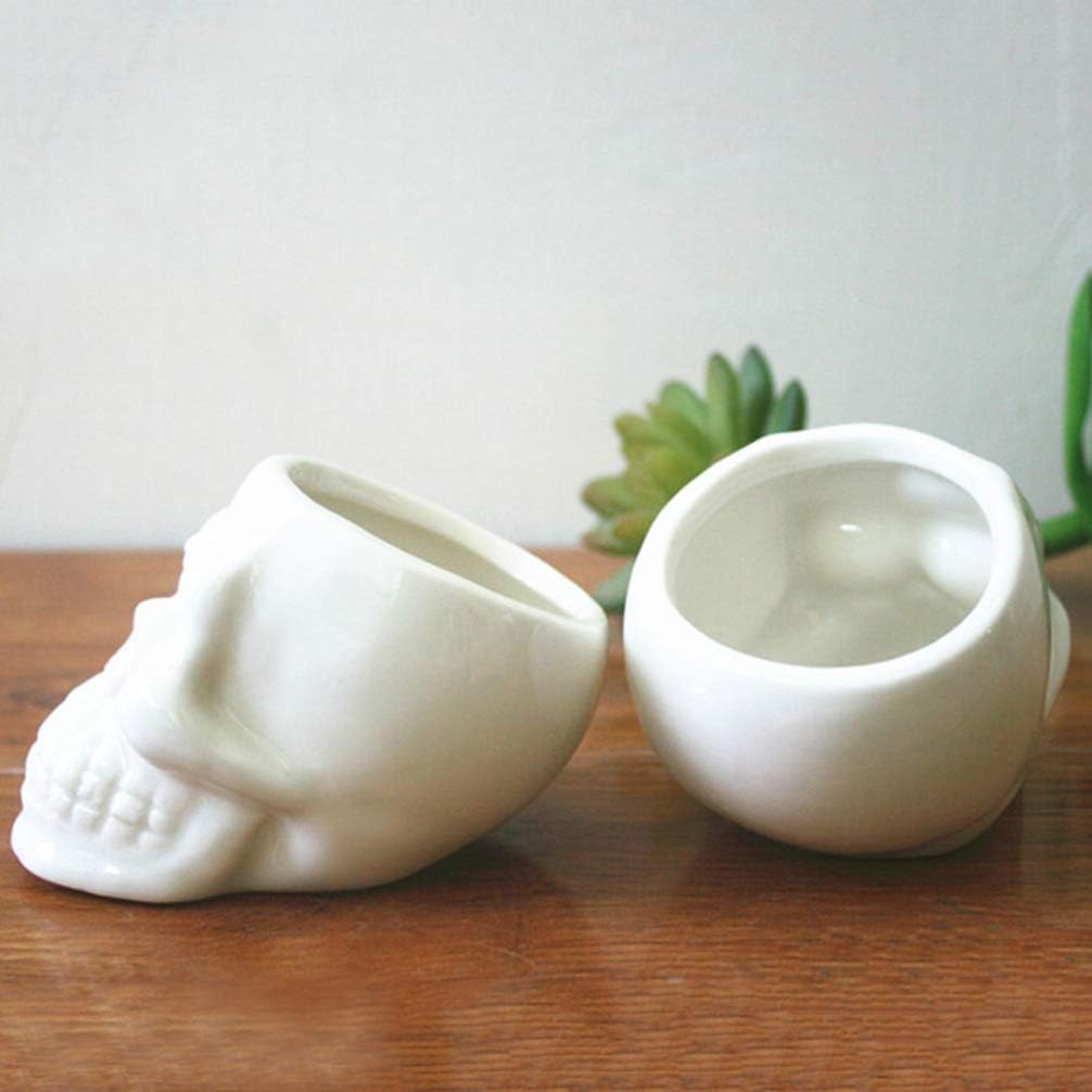 Two mini skull planters side view, displaying their edgy, gothic ceramic design perfect for small plants.