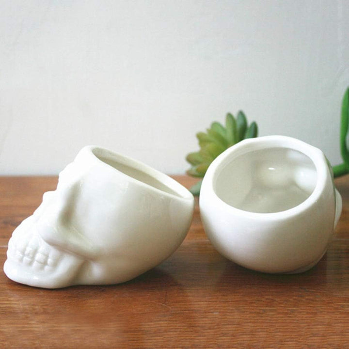 Two mini skull planters side view, displaying their edgy, gothic ceramic design perfect for small plants.