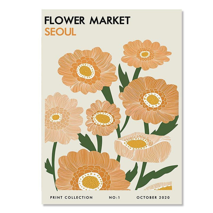 VibeCore Modern Art Classics Canvas Poster featuring ‘Flower Market Seoul No. 1’. This vibrant piece captures the dynamic, colorful atmosphere of Seoul's bustling flower market, blending bold hues and lively shapes. Ideal for adding an artistic, contemporary touch to your bedroom, dorm, or apartment. Printed on premium cotton canvas with fade-resistant colors for lasting vibrancy.