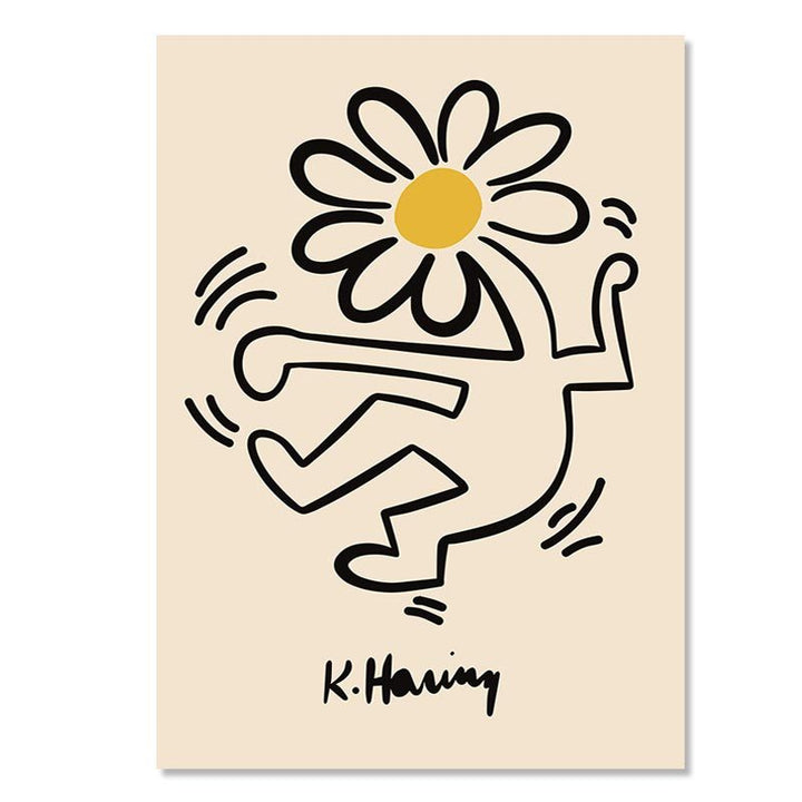 VibeCore Modern Art Classics Canvas Poster featuring Keith Haring's ‘Dancing Flower’ design. Bold, vibrant lines and playful imagery bring a contemporary, abstract expressionist vibe to your space. Ideal for adding energy to bedroom, dorm, or apartment decor. Printed on premium cotton canvas with fade-resistant, lasting colors.