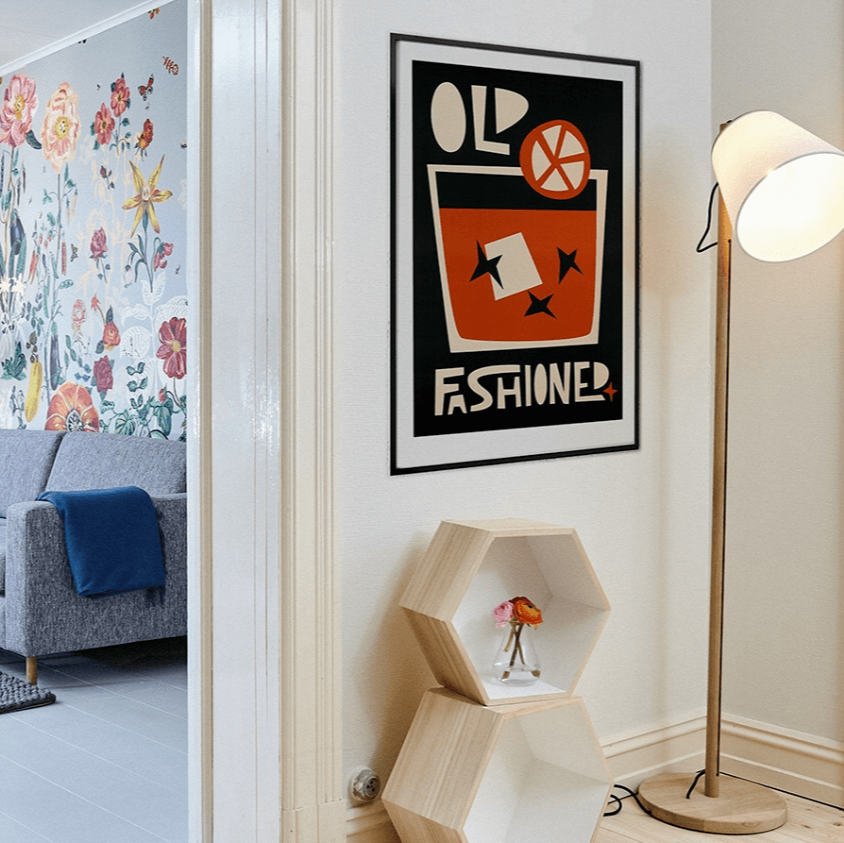 A vibrant "Modern Mixology Canvas Poster" featuring a pop art-inspired print of an Old Fashioned cocktail. The bold, colorful design adds a playful and energetic touch to the home wall, perfect for bar areas, living rooms, or dorms. The poster brings fun, trendy style to any space with its lively depiction of the classic drink.