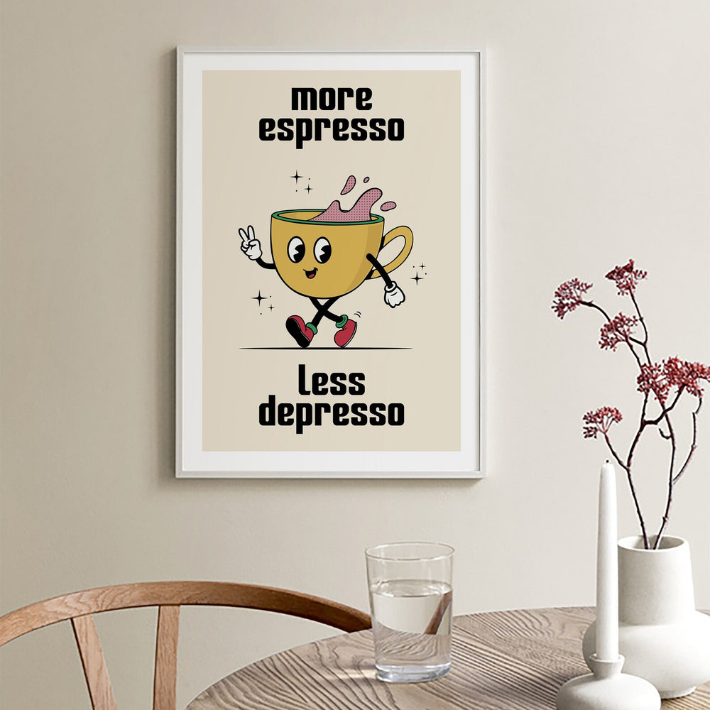 VibeCore More Espresso Less Depresso Funky Coffee Cup Canvas Print Black On dining Room Wall