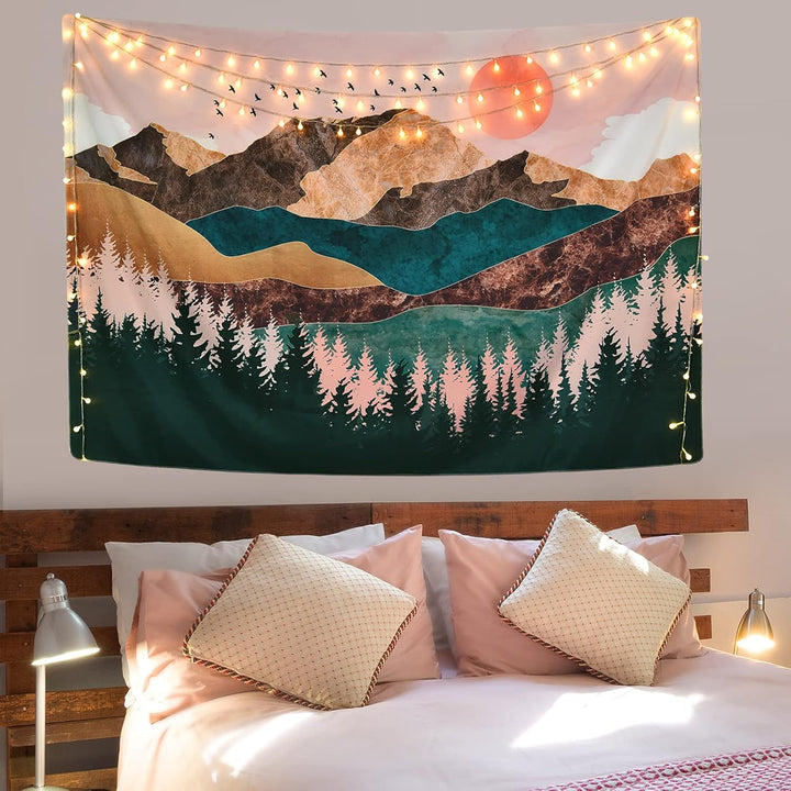 VibeCore Mountain Views Tapestry On Wall Behind Bed