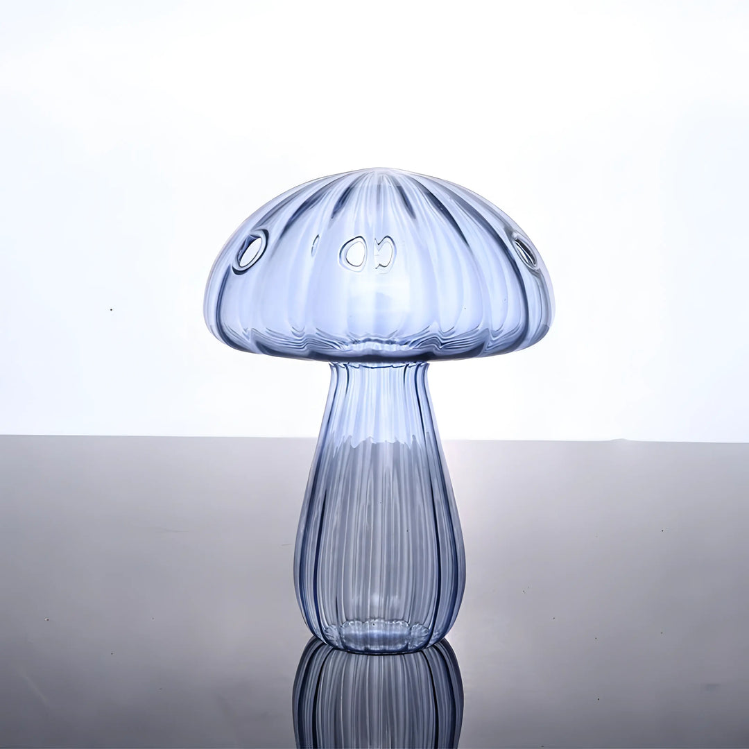 Mushroom Glass Vase blue with four openings, transparent shatterproof glass, perfect for flowers, plants, or as a decorative piece.