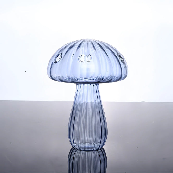 Mushroom Glass Vase blue with four openings, transparent shatterproof glass, perfect for flowers, plants, or as a decorative piece.