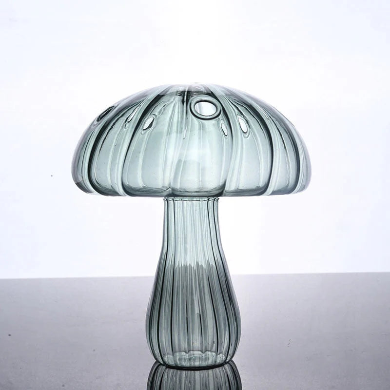 Mushroom Glass Vase blue gray with four openings, transparent shatterproof glass, perfect for flowers, plants, or decorative use in home or office.
