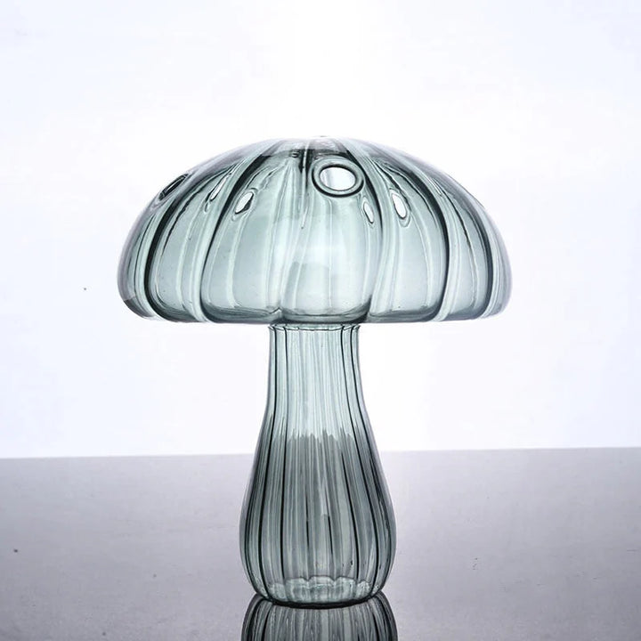Mushroom Glass Vase blue gray with four openings, transparent shatterproof glass, perfect for flowers, plants, or decorative use in home or office.