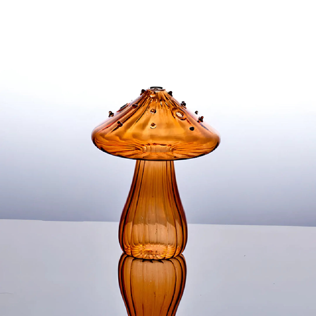 Mushroom Glass Vase brown with four openings, transparent shatterproof glass, perfect for flowers, plants, or as a decorative piece.