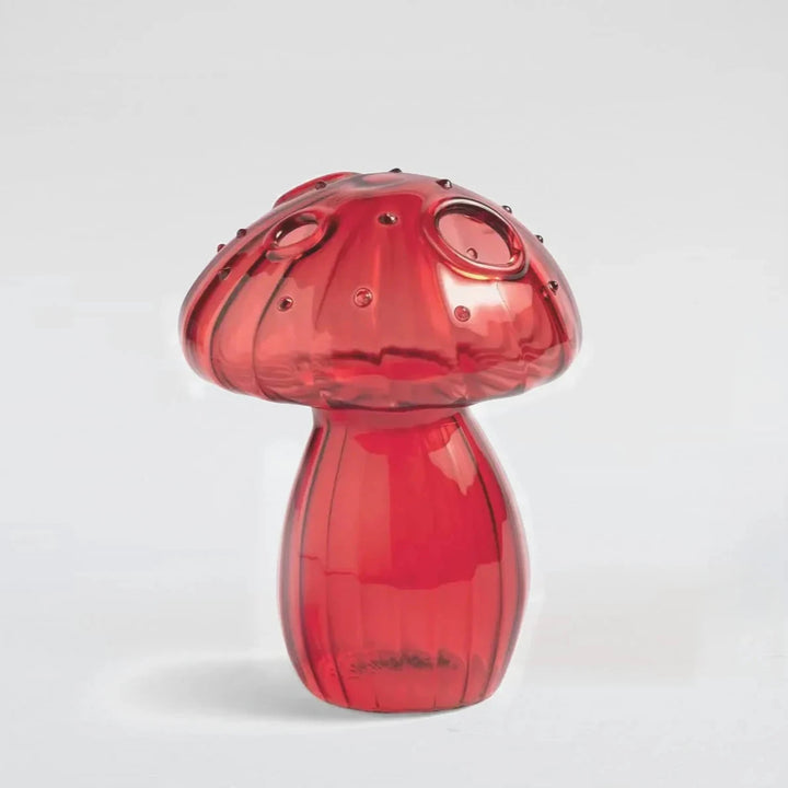 Mushroom Glass Vase red with four openings, transparent shatterproof glass, perfect for flowers, plants, or as a decorative piece.