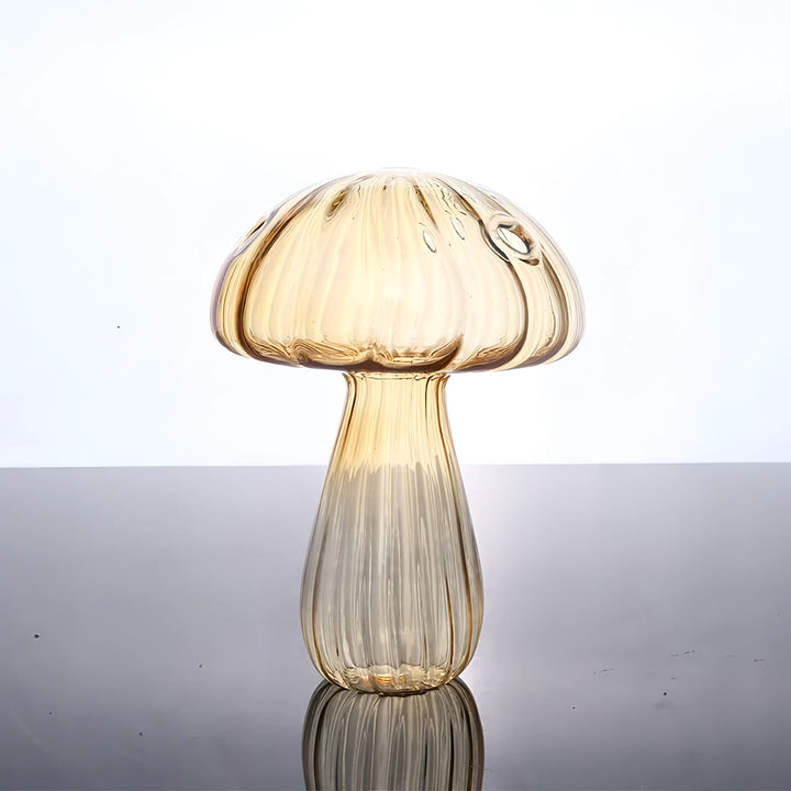 Mushroom Glass Vase yellow with four openings, transparent shatterproof glass, ideal for flowers, plants, or as a decorative accent piece.