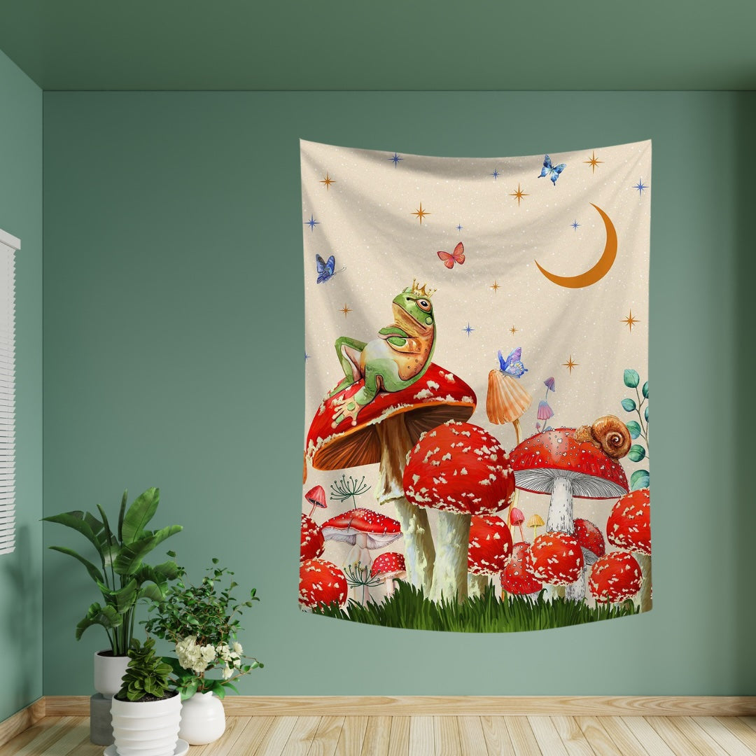 VibeCore Mushroom King Tapestry On Green Wall