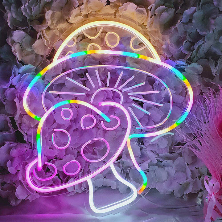 VibeCore Mushroom Neon Light Warm White Leaning Against Flower Wall