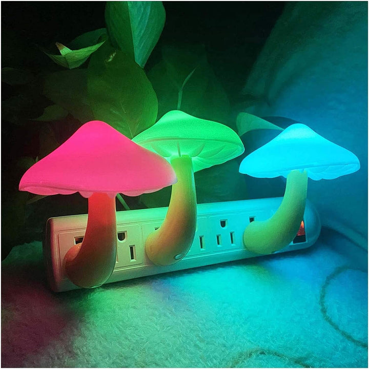 VibeCore Mushroom Night Light with automatic light sensor, providing a soft, warm glow when it gets dark. This energy-saving night light features 7 color-changing options (Blue, Green, Red, Yellow, Pink, Turquoise, White) and 5 static color options (Colourful, Blue, Green, Red, Yellow). It’s perfect for bedrooms, dorms, hallways, or any space needing a cozy vibe. Designed with 4 plug options (US/EU/UK/AU) for global compatibility.