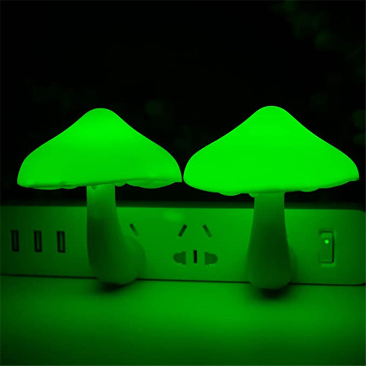 VibeCore Mushroom Night Light in green, casting a calming and peaceful glow. This energy-efficient light automatically turns on in the dark, bringing a touch of nature-inspired charm to any room.
