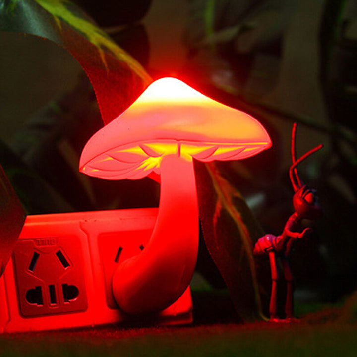 VibeCore Mushroom Night Light in red, offering a warm and soothing glow. This eco-friendly night light automatically activates in low light, adding a cozy, nature-inspired ambiance to any space.
