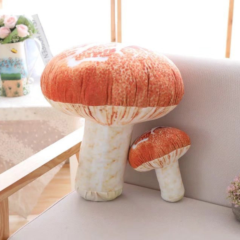 VibeCore Mushroom Throw Pillow in two sizes on a couch, featuring a fun, nature-inspired mushroom shape. Ultra-soft plush material and filled with PP cotton, these cozy pillows bring a whimsical, fairycore touch to your space.