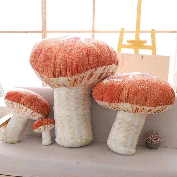 VibeCore Mushroom Throw Pillow available in 4 sizes, featuring a nature-inspired mushroom shape. Ultra-soft plush material and filled with PP cotton for ultimate coziness, making it the perfect cozy statement piece for your bed or couch.