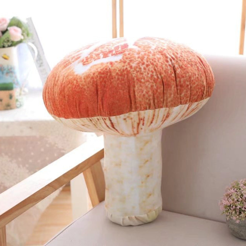 VibeCore Mushroom Throw Pillow on a couch, featuring a playful mushroom shape. Crafted from ultra-soft plush material and filled with PP cotton, this cozy pillow adds a nature-inspired, whimsical touch to any room.