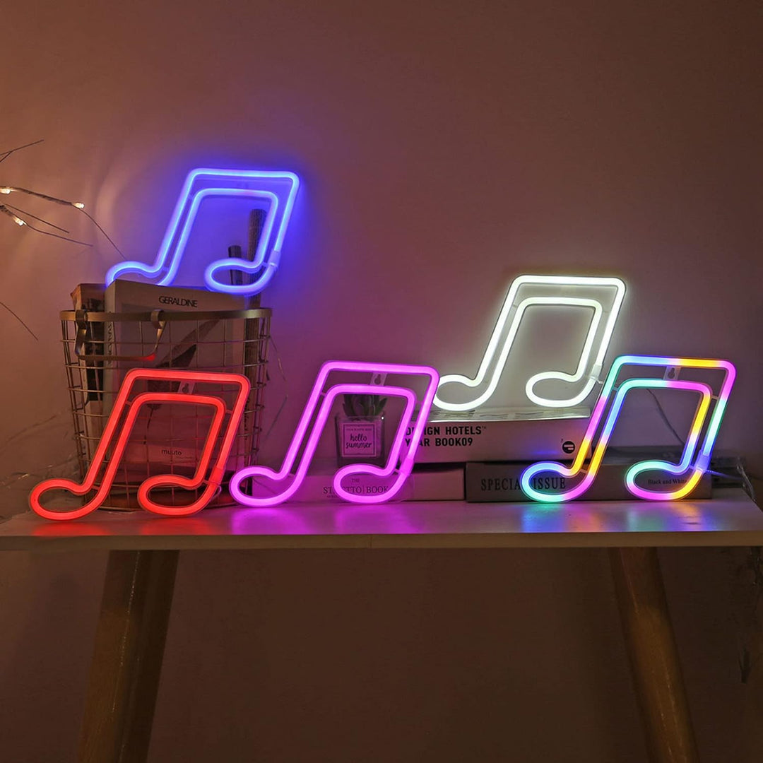VibeCore Music Note Neon Red Warm White Pink Blue and Multicolor on Table