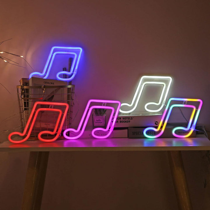 VibeCore Music Note Neon Red Warm White Pink Blue and Multicolor on Table