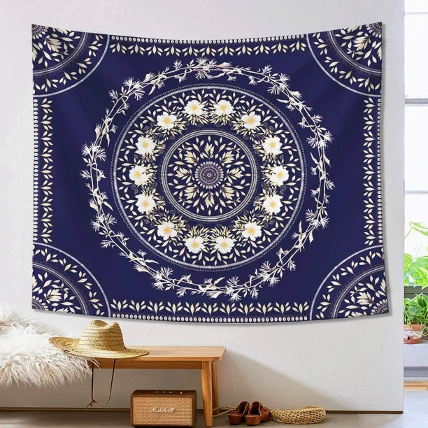 VibeCore Navy Mandala Tapestry On Wall