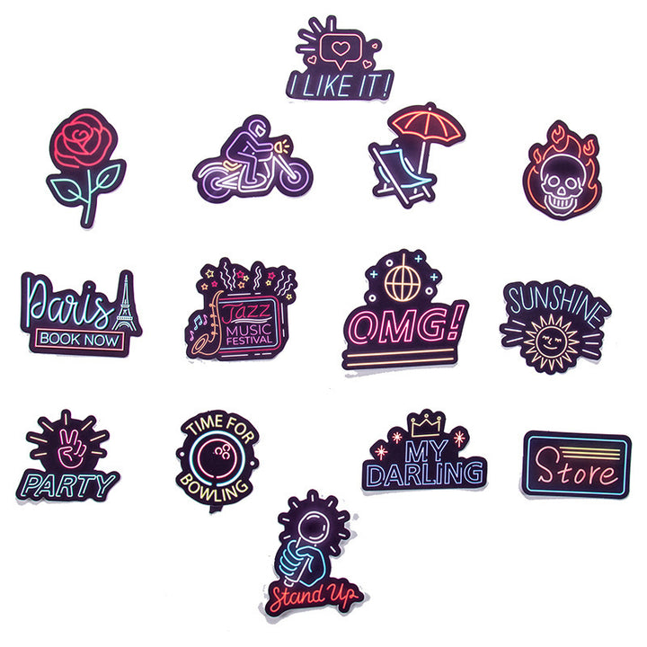 VibeCore Neon Light Stickers set featuring 14 vibrant, neon-inspired designs with glowing lights and bold colors, perfect for personalizing your gear with a modern touch.