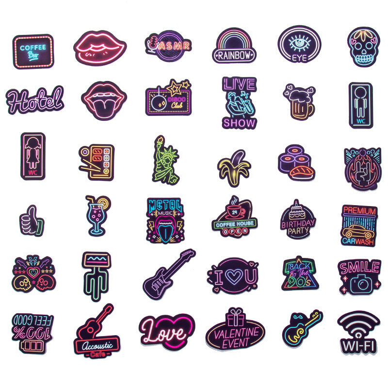 VibeCore Neon Light Stickers set featuring 36 eye-catching neon designs with glowing lights and vibrant colors, ideal for adding a bold, modern flair to your accessories.