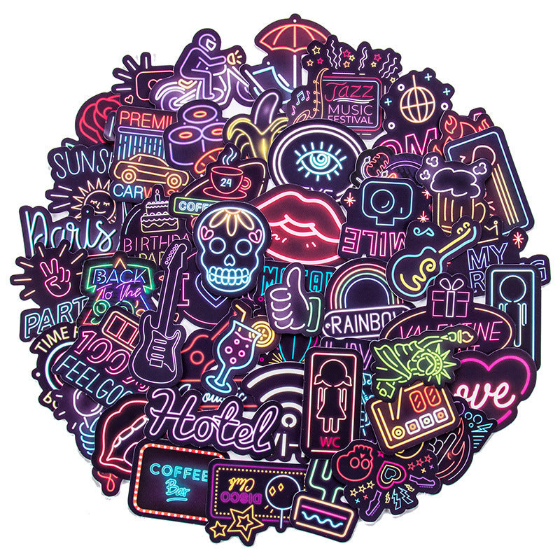 Circular cluster of VibeCore Neon Light Stickers featuring glowing lights and vibrant neon designs, perfect for adding a bold, modern touch to your accessories.