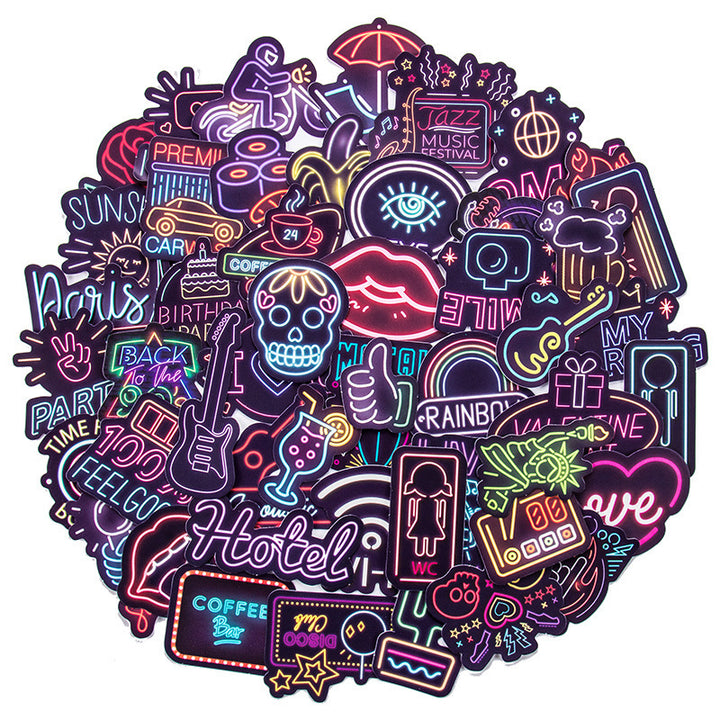 Circular cluster of VibeCore Neon Light Stickers featuring glowing lights and vibrant neon designs, perfect for adding a bold, modern touch to your accessories.