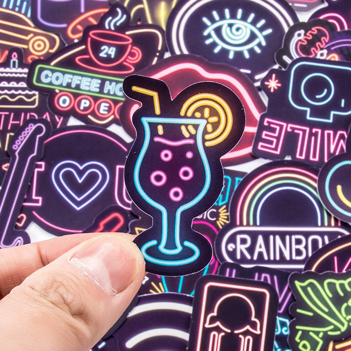 Close-up of VibeCore Neon Light Stickers featuring vibrant neon designs and glowing lights, adding a bold and modern touch to your personal items.