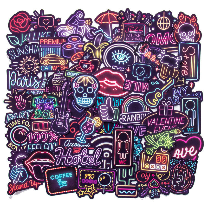 Rectangular cluster of VibeCore Neon Light Stickers showcasing glowing lights and neon-inspired designs, ideal for personalizing your laptop, phone, or water bottle with a bold, vibrant style.