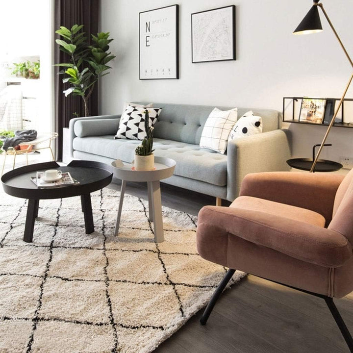 The VibeCore Nordic Shaggy Area Rug placed in an apartment, adding a cozy and minimalist touch to the space. Its soft texture and simple design enhance the room’s modern, calm atmosphere.