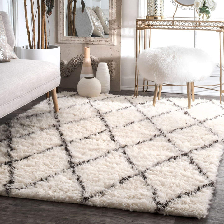 VibeCore Nordic Shaggy Area Rug placed in a living room, enhancing the space with its soft, plush texture and simple Scandinavian design. The non-slip backing ensures safety while adding a cozy, minimalist vibe to the room.