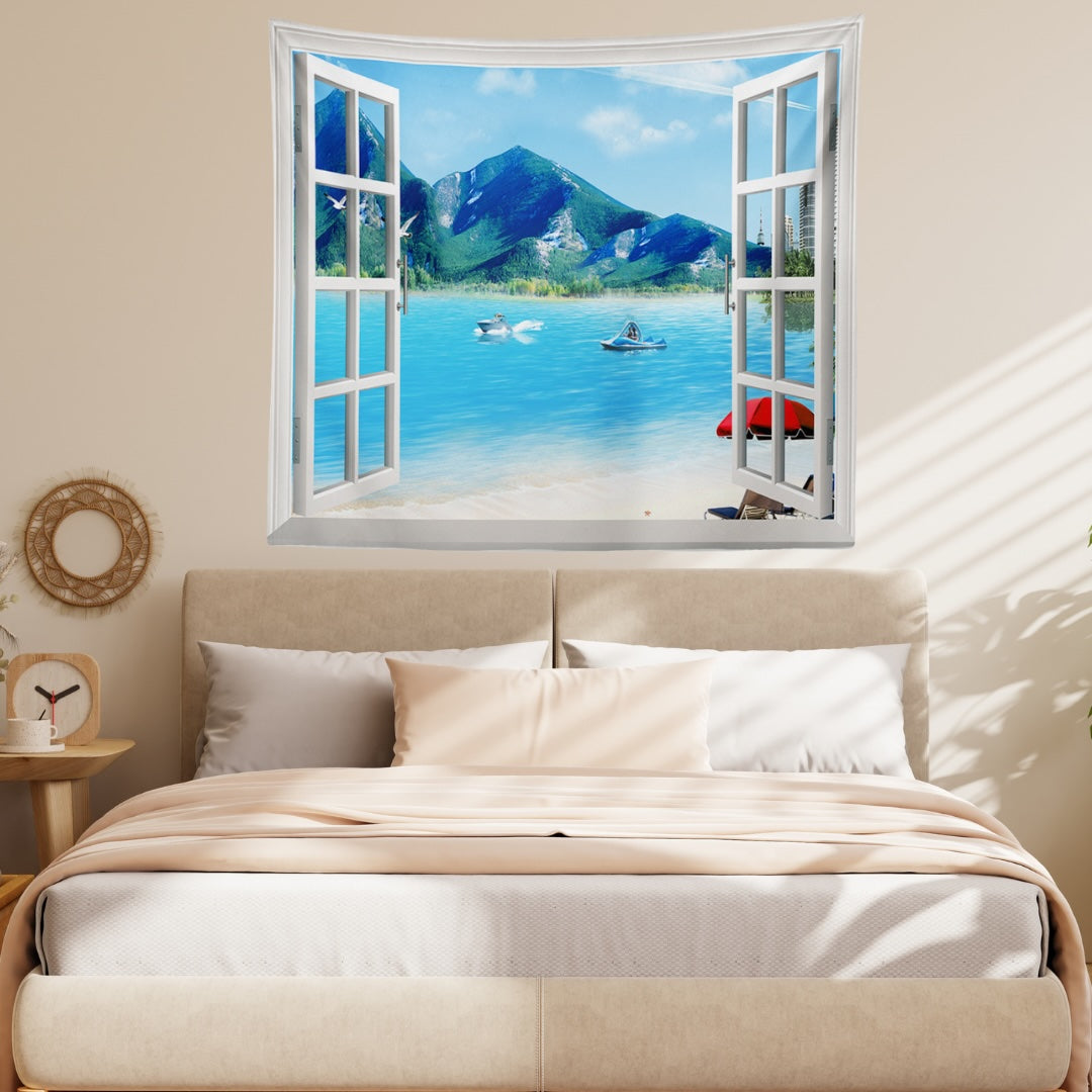 VibeCore Ocean Getaway Outside Your Window Tapestry In Bedroom