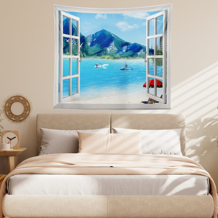 VibeCore Ocean Getaway Outside Your Window Tapestry In Bedroom