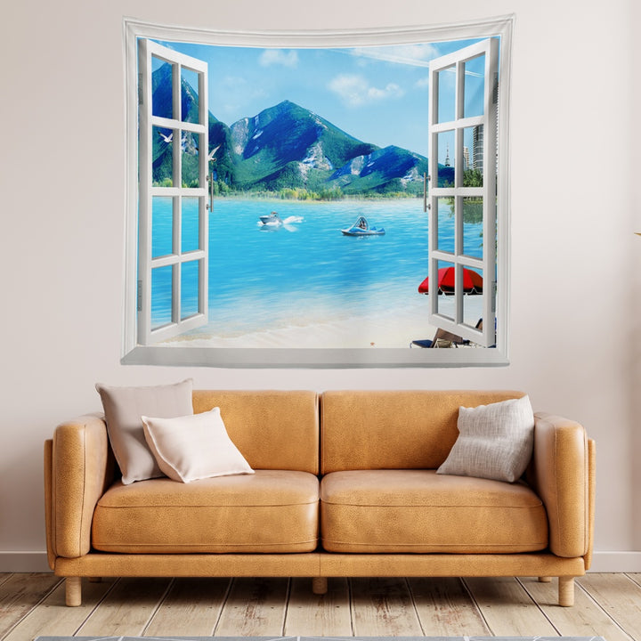 VibeCore Ocean Getaway Outside Your Window Tapestry In Living Room