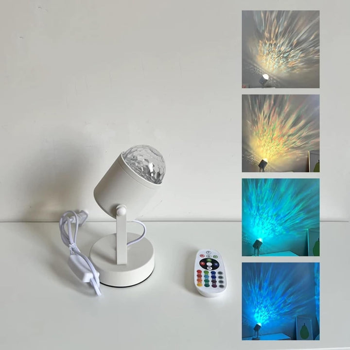 VibeCore Ocean Wave Ripple Light showcasing different colors, creating a vibrant and customizable ambiance. With 16 color options and multiple modes, this lamp features a 180° rotatable head and remote control, perfect for mood lighting and enhancing room decor in bedrooms, dorm rooms, and cozy spaces.