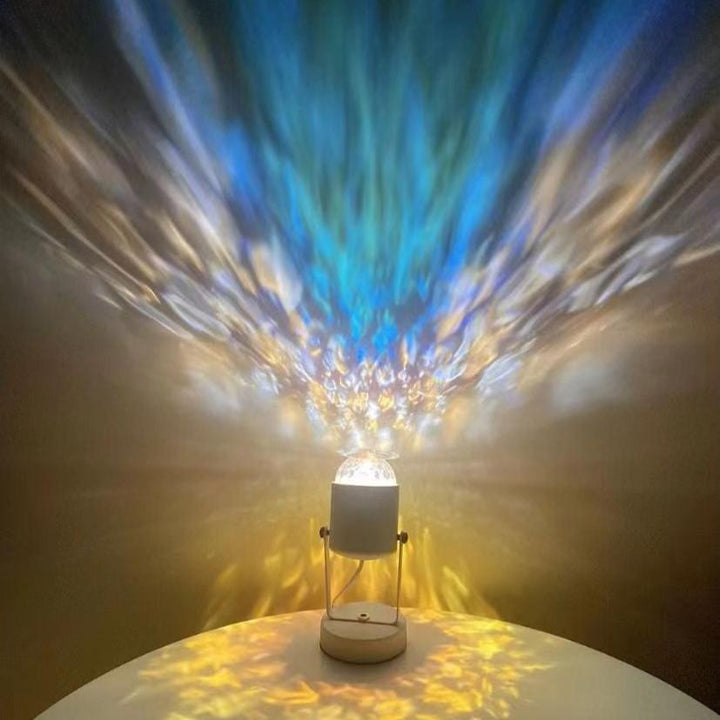 VibeCore Ocean Wave Ripple Light projecting on a ceiling, creating a calming, ocean-inspired atmosphere with vibrant color patterns. Perfect for mood lighting, this lamp features a 180° rotatable head and remote control for easy customization, ideal for bedrooms, dorm rooms, or cozy spaces.